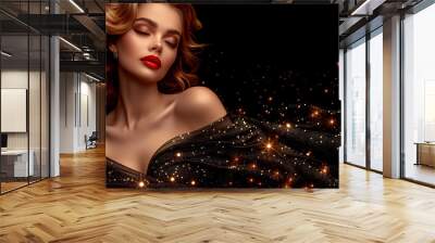 luxury background with gold particles, portrait woman, black background. for banner ,postcard, poster, web site, greeting invitation. Copy Space. high detail, perfect lines. Wall mural