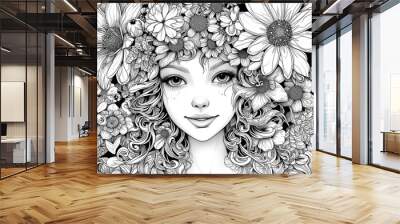 Portrait beautiful girl with flower. Sketch for coloring book Wall mural