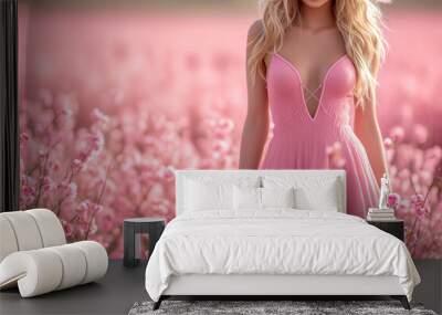 Sexy blonde woman in pink romantic lingerie on a field of pink flowers. Wall mural