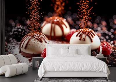 Three chocolate covered desserts with raspberries on top Wall mural