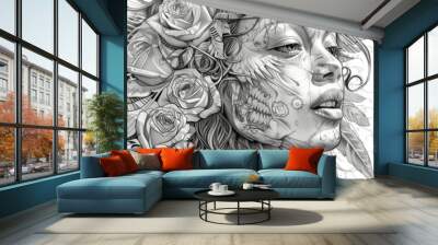 Vintage chicano tattoo style template. Tattoo style portrait of chicano girl, Mexican woman with flowers art Wall mural