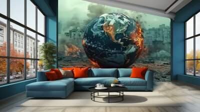 A damaged earth in a wasteland, showing the Americas engulfed by crumbling cities and decay, representing the tragic aftermath of environmental destruction. Wall mural