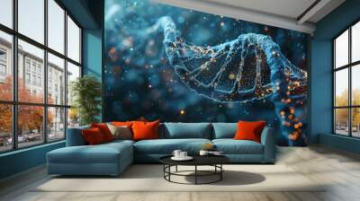 An advanced science background with a 3D DNA helix and gene sequences. The blue design includes abstract genetic elements and biotechnology details, perfect for medical and research visuals Wall mural