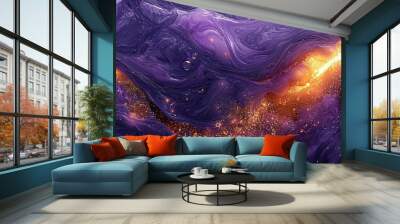 Purple and gold liquid ink swirling together in mesmerizing motion, with realistic textures and vivid 3D detail, creating a stunning digital art illustration Wall mural