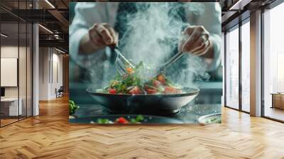 A close-up of a chef preparing a healthy dish in a professional kitchen, with a minimalist background and plenty of copy space for cooking tips Wall mural