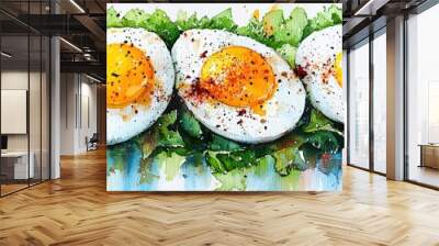 A delicious and nutritious breakfast featuring perfectly fried eggs with crispy edges, paired with rich avocado, a fresh salad mix, and juicy mango pieces, creating a colorful and balanced meal. Wall mural