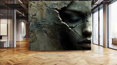 A haunting abstract depiction of a woman face, gradually eroding into a mix of somber, muted tones. The disintegration of her features symbolizes the consuming nature of sadness and depression, Wall mural