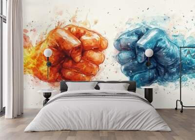 A pair of fire-enshrouded fists locked in a fierce battle, flames swirling around their clash. The moment of impact sends sparks flying through the air, with embers and glowing heat radiating from Wall mural