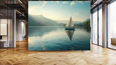 A serene image of a couple enjoying a scenic boat ride or sailing on a peaceful lake, with a clean background and ample copy space for water adventure tips. Wall mural