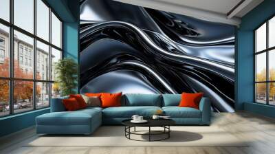 A sophisticated abstract black texture with glossy, smooth surfaces, creating a polished and contemporary visual effect. Wall mural