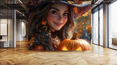 A vibrant autumn scene featuring a happy witch holding a bright pumpkin. Her colorful outfit and the surrounding fall foliage create a warm and inviting atmosphere full of seasonal cheer. 3d Wall mural