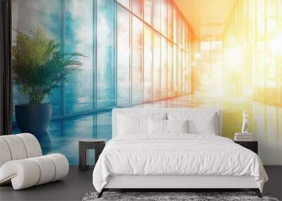 A vibrant office banner background featuring a beautiful blur effect, complemented by glistening glass elements that capture and diffuse light. The bright and airy atmosphere is enhanced by the Wall mural