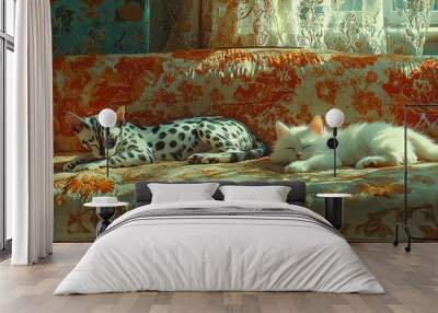 Adorable Cats Relaxing on Vintage Couch in Soft Light Wall mural