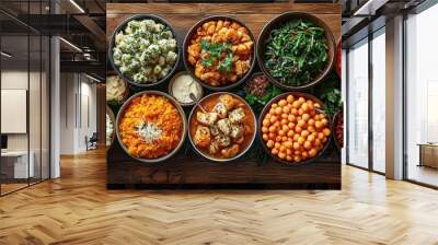 Array of global vegetarian dishes celebrating World Vegetarian Day, showcasing traditional recipes from various cultures, beautifully arranged on a banquet table Wall mural