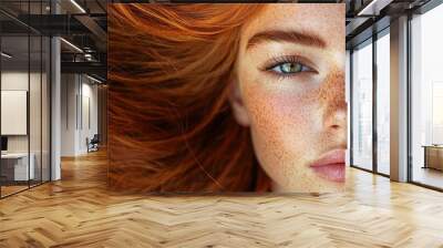 Closeup image of a portrait where vibrant, glossy hair and a smooth texture highlight the modelÃ¢â‚¬â„¢s beauty features with exceptional detail. Wall mural