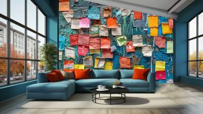 Colorful Paper Notes on Weathered Blue Wall - Urban Texture Wall mural