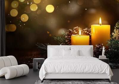 Cozy holiday setting with glowing candles resting among pine garlands, snowflakes, and sparkling lights, casting a warm, golden glow that fills the space with Christmas spirit and festive joy. Wall mural