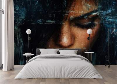 Depressed woman portrayed in abstract form, her face partially obscured by streaks of muted colors, creating an emotional landscape of sadness and detachment. realistic photo Wall mural