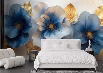 Design a triptych of modern 3D floral wall art panels featuring a blue and gold color palette, emphasizing contemporary elegance Wall mural