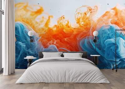 Dynamic blue and orange ink blending in fluid motion, with realistic textures and intricate 3D detail, producing a visually striking digital art piece Wall mural