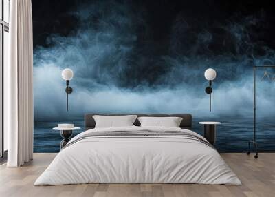 Eerie backdrop with black floor, thick fog, swirling smoke, dark and haunting atmosphere, mist and steam overlay. Wall mural