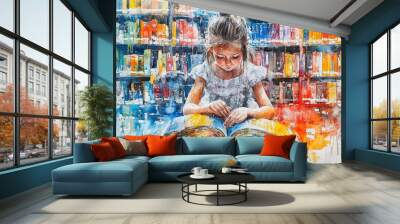 Girl Reading in a Colorful Library Wall mural