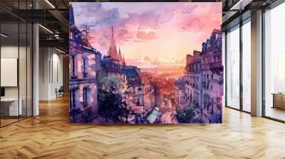 Illustrate a watercolor cityscape with charming historical buildings, quaint cafes, and lively streets under a soft, pastel sky Wall mural