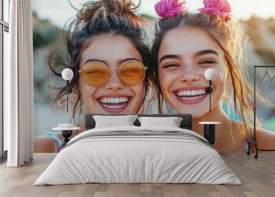 Joyful Summer Moments of Two Young Women Wall mural