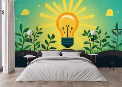 Light bulb with rays and sprouting seeds, insight and natural growth, flat design illustration with copyspace Wall mural