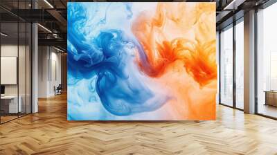 Realistic blue and orange liquid ink intertwining, with stunning 3D textures and flowing motion, creating an abstract digital art masterpiece Wall mural