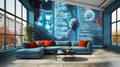 Scientist in a biotech lab using AI-driven analysis to study cell mutations on digital screens Photo realistic Wall mural