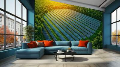 Solar panels in a vast solar farm, harnessing the power of solar energy, representing green technology and sustainability. Wall mural