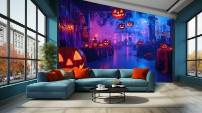 Spooky Halloween event with fun activities, creative party ideas, and interactive entertainment, colorful and engaging scene Wall mural