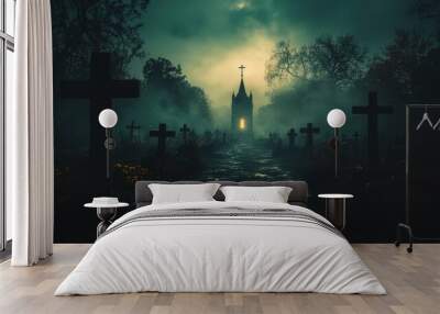 Spooky Halloween night with a horror ambiance, featuring dense, creepy fog and dark shadows for a deeply eerie and atmospheric scene Wall mural