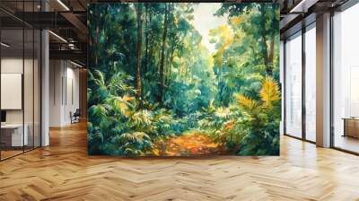 Watercolor depiction of nature conservation, lush forest, restoring ecosystems, vibrant plant life, eco-friendly environment, tranquil natural setting, Midjourney Wall mural