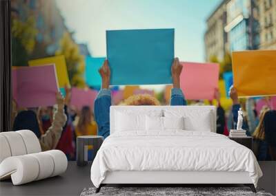 Woman Holding Blank Sign at Protest, Crowd, Demonstration Wall mural