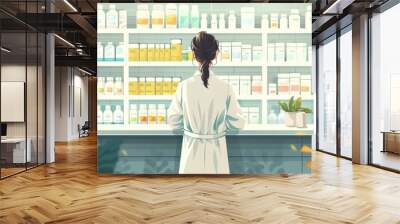 Woman in Lab Coat Standing in Front of Shelves with Bottles Wall mural