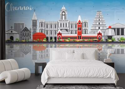 Chennai Skyline with Gray Landmarks, Blue Sky and Reflections. Wall mural