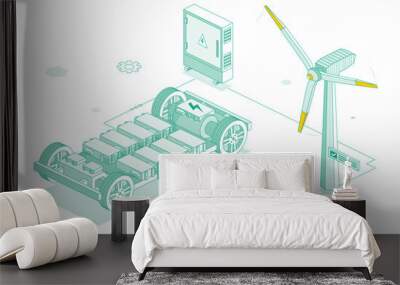 Electric car platform with transformer and wind turbine. Chassis with lithium battery cells pack. Modular system. Isometric outline object isolated on white background. Ecosystem. Wall mural