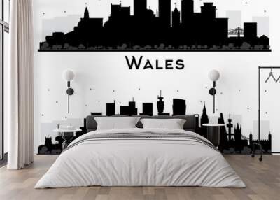 England and Wales City Skyline Silhouette Set with Black Buildings Isolated on White. Wall mural