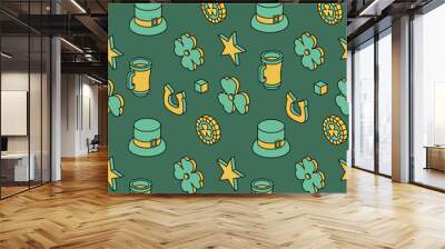 Festive сolorful background for St Patrick's Day. Isometric seamless pattern. Symbols and icons of St Patrick's Day. Wall mural