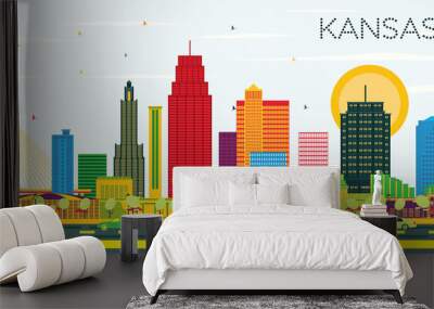 Kansas City Missouri City Skyline with Color Buildings and Blue Sky. Wall mural