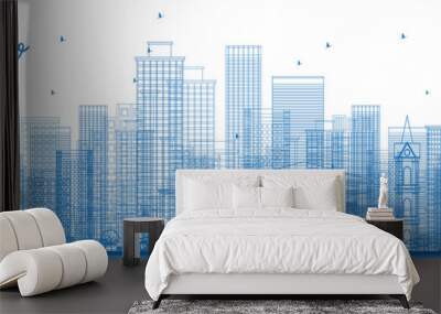 Outline Tel Aviv Israel Skyline with Blue Buildings. Wall mural