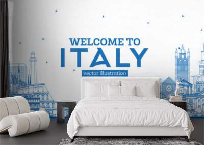 Outline Welcome to Italy Skyline with Blue Buildings. Wall mural