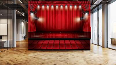 Red Stage Curtain with Spotlights, Seats and Copy Space. Wall mural