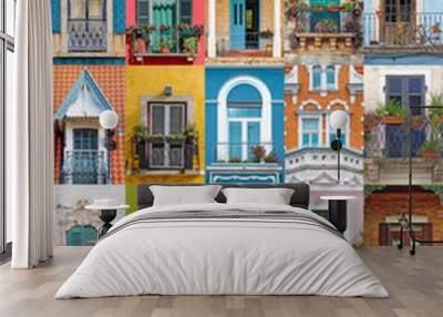 Collage of balconies from around the world, colorful architectural background Wall mural