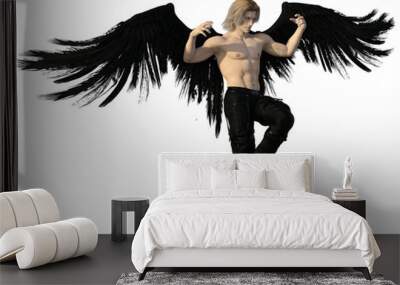 Blond male angel with black feather wings. 3d renderings. 3d illustrations. Wall mural