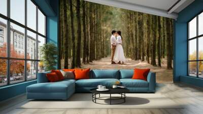 Young asian groom and bride posing and smiling for pre-wedding shot Wall mural