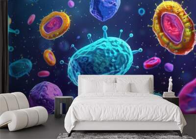 3D illustration of virus or bacteria on a dark blue background. Wall mural