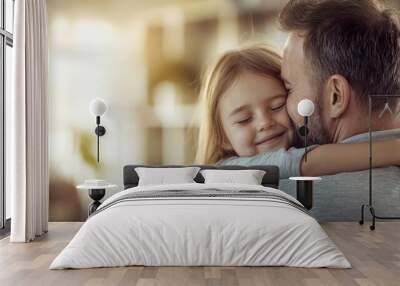 A father embracing his daughter, showcasing love and happiness in a warm indoor setting. Wall mural